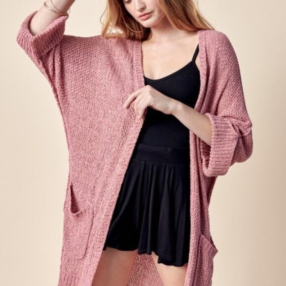 LONG SLEEVE SIDE SLITS POCKETS CARDIGAN Pink - Picture 3 of 8